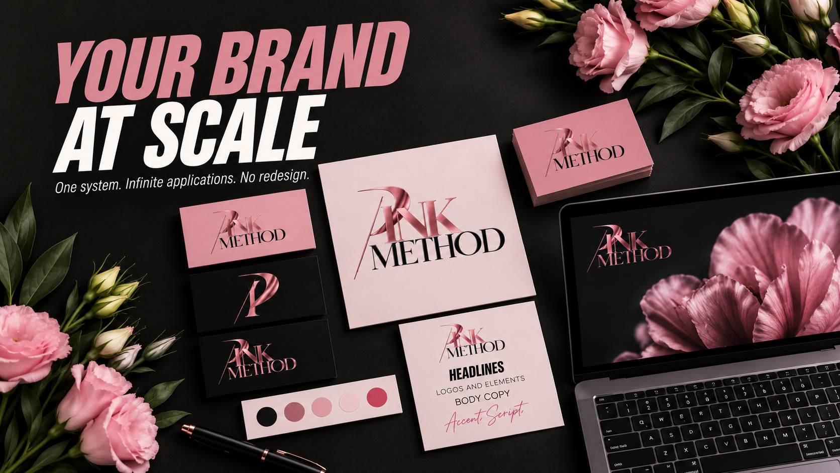 PINK METHOD brand system: business cards, logo marks, color palette, typography card and website under the headline Your Brand at Scale